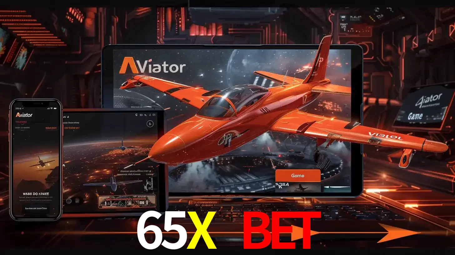 Apresentação tecnológica do jogo Aviator com um avião saindo da tela de um tablet, demonstrando a experiência imersiva em múltiplos dispositivos no 65X BET.