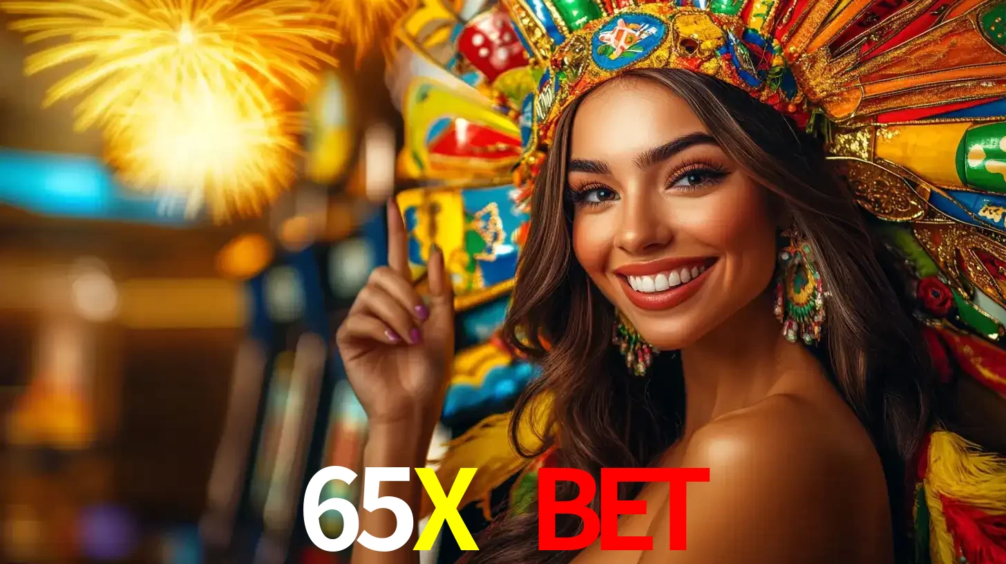 Mulher sorridente com um cocar de carnaval vibrante e colorido, celebrando uma grande vitória nos jogos do cassino 65X BET com fogos de artifício ao fundo.