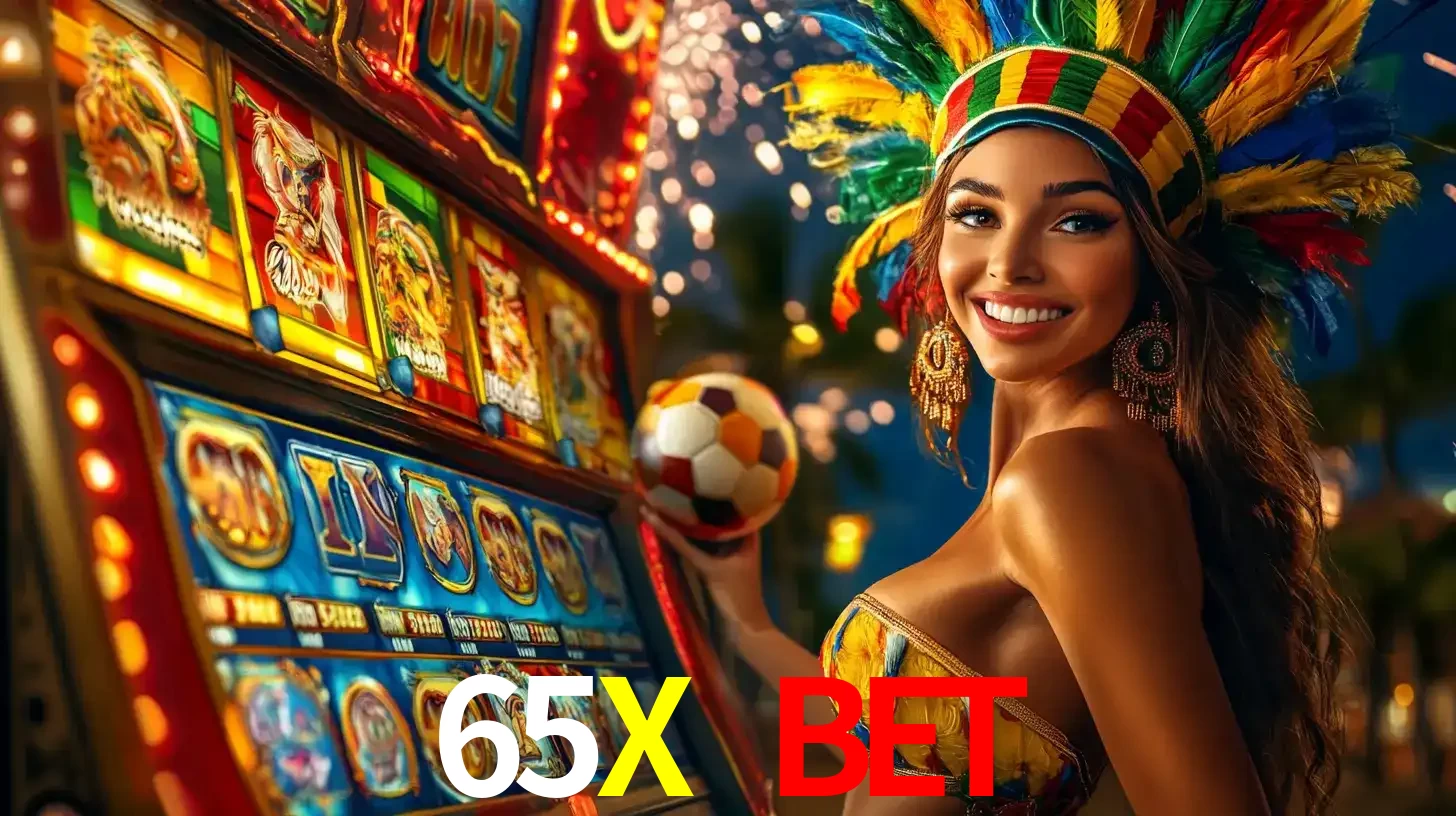 Mulher com um cocar de carnaval ao lado de uma máquina de caça-níqueis enquanto segura uma bola de futebol, mostrando a união da diversão de cassino e esportes no 65X BET.