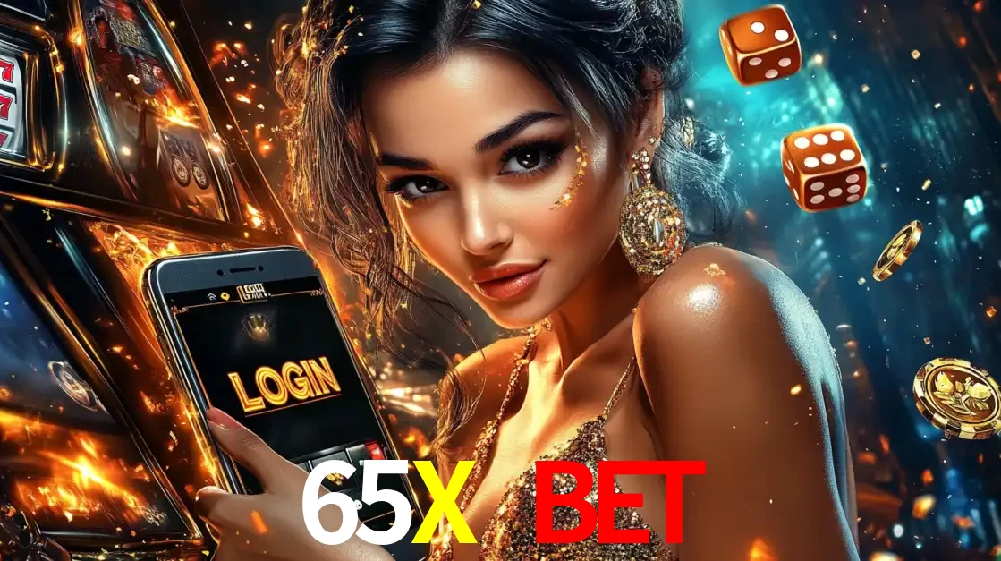 Mulher glamourosa segurando um celular com a tela de login do cassino 65X BET, rodeada por dados e moedas douradas, pronta para começar a diversão.