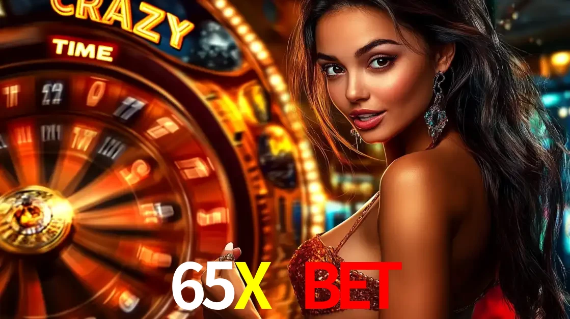 Mulher ao lado da roda de prêmios do jogo de cassino ao vivo Crazy Time, um dos shows de jogos mais emocionantes oferecidos pela plataforma de apostas 65X BET.