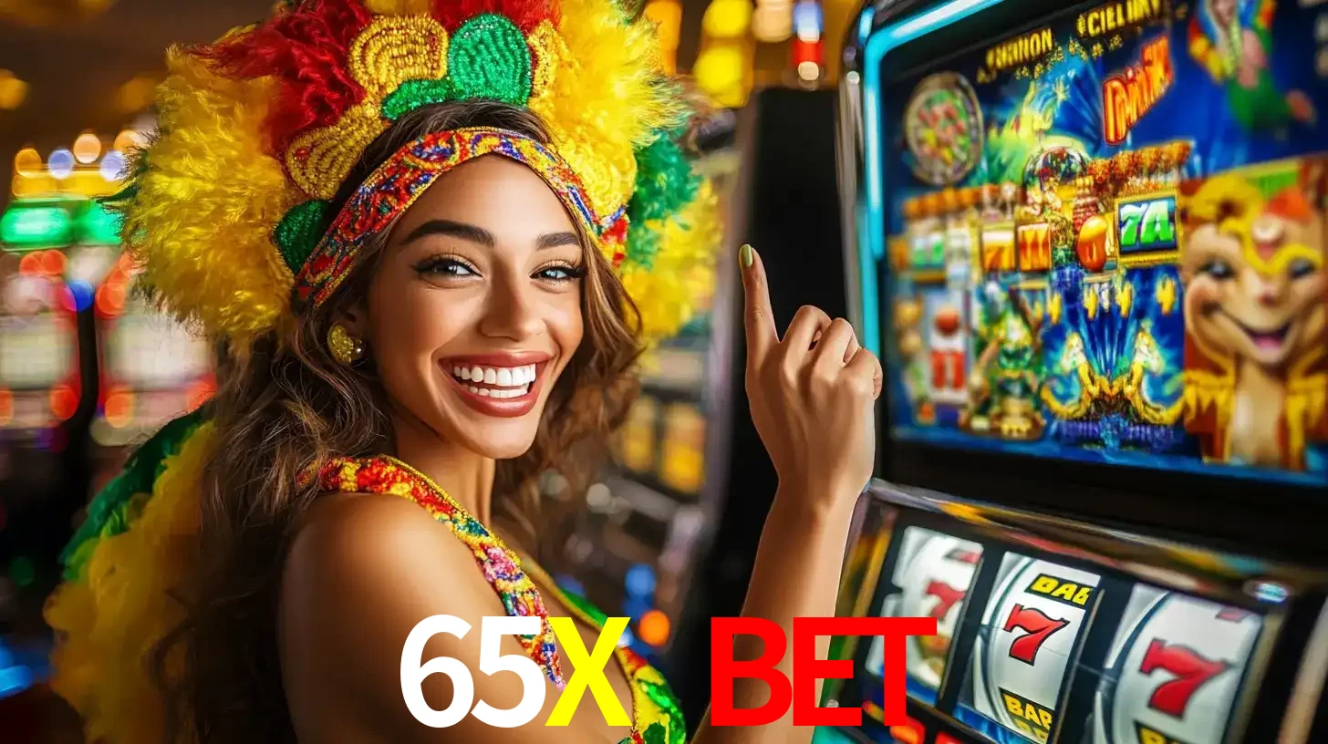 Mulher animada com um cocar de carnaval apontando para uma máquina de caça-níqueis, mostrando a emoção de ganhar um grande prêmio nos jogos do 65X BET.