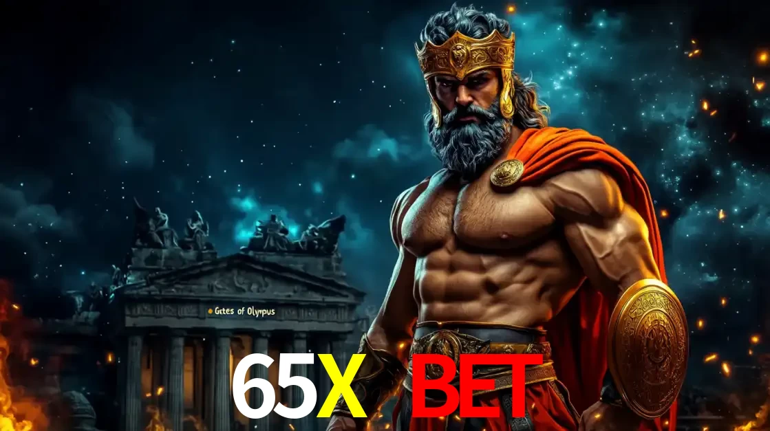 O poderoso Zeus do jogo de slot Gates of Olympus em frente ao seu templo, pronto para lançar multiplicadores divinos e prêmios épicos no cassino online 65X BET.