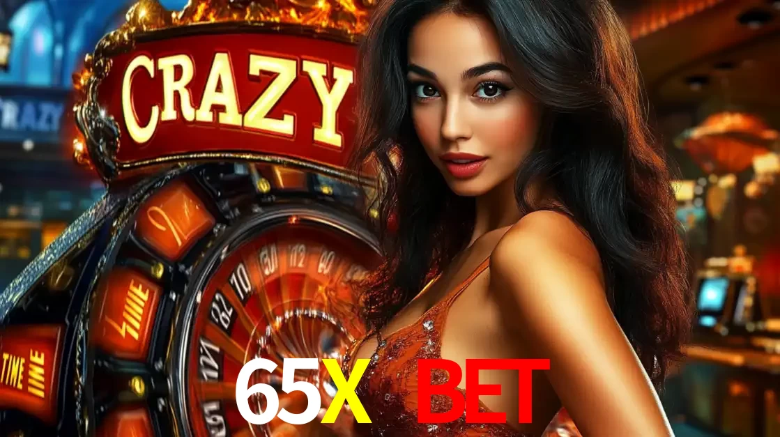Mulher glamourosa olhando para a câmera com a roda vermelha do Crazy Time ao fundo em um ambiente de cassino, destacando a emoção dos jogos ao vivo no 65X BET.
