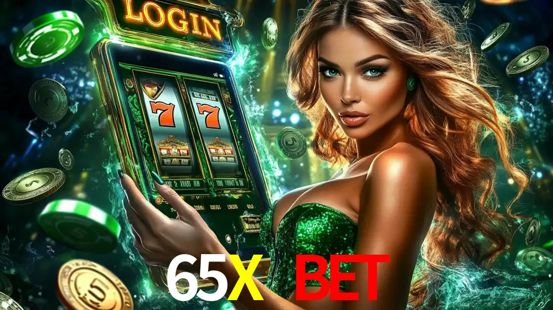 Mulher com tema verde apresentando o aplicativo do cassino 65X BET com um jogo de slot de 777, cercada por fichas de cassino e uma aura de sorte.