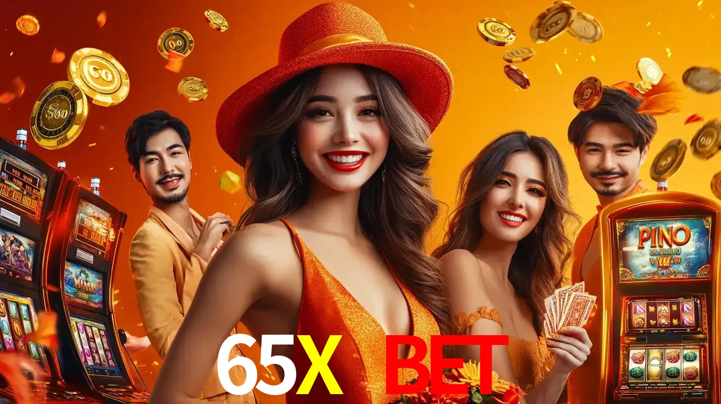 Grupo de amigos asiáticos sorrindo e se divertindo com máquinas de caça-níqueis em um ambiente festivo, celebrando suas vitórias nos jogos de cassino do 65X BET.