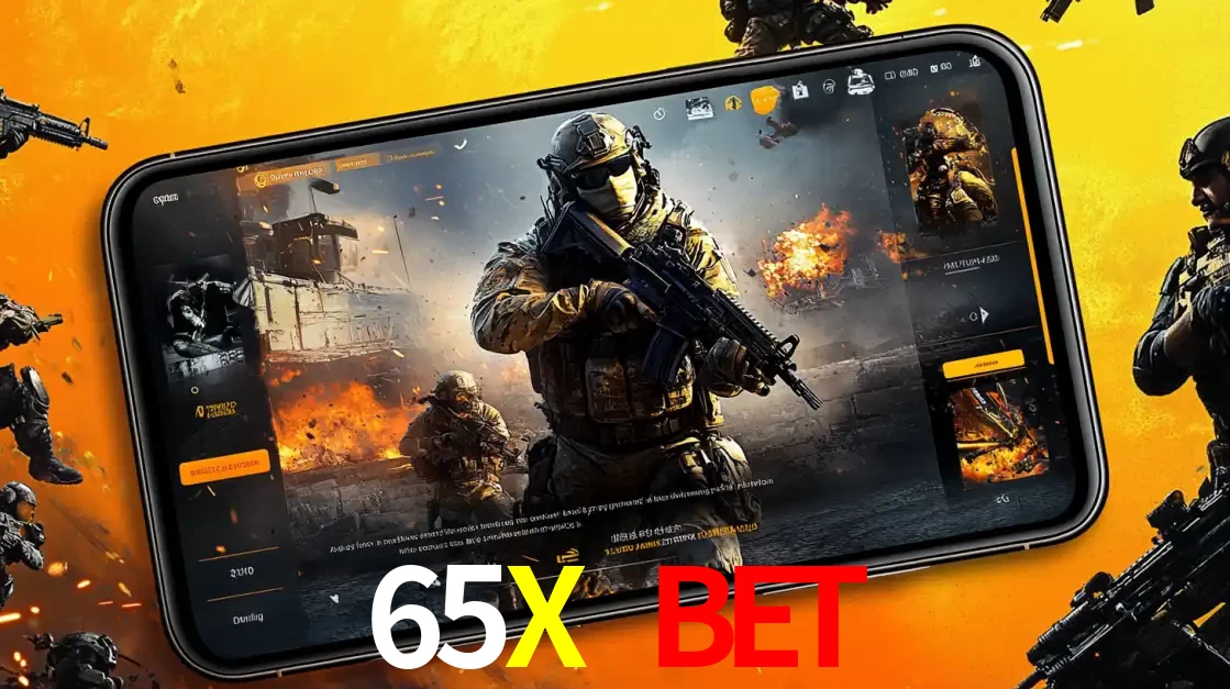 Um smartphone exibindo a interface de um jogo de tiro em primeira pessoa, com um soldado em um cenário de batalha, representando a ação dos e-sports para apostar no 65X BET.