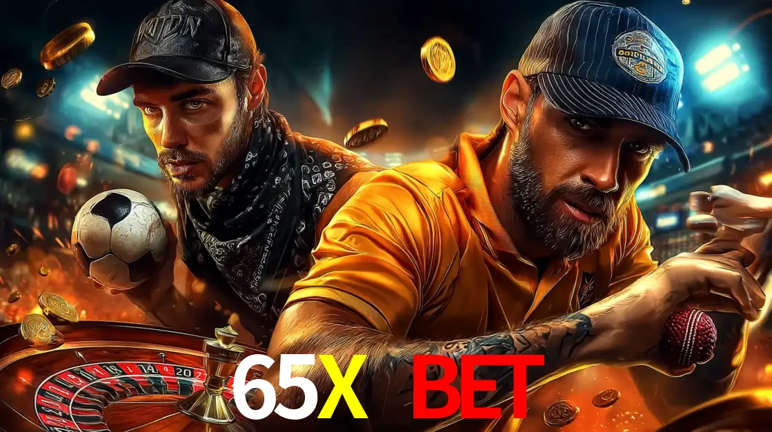 Montagem de apostas esportivas e cassino no 65X BET, com um homem segurando uma bola de futebol e outro uma de beisebol sobre uma roleta e moedas voadoras.