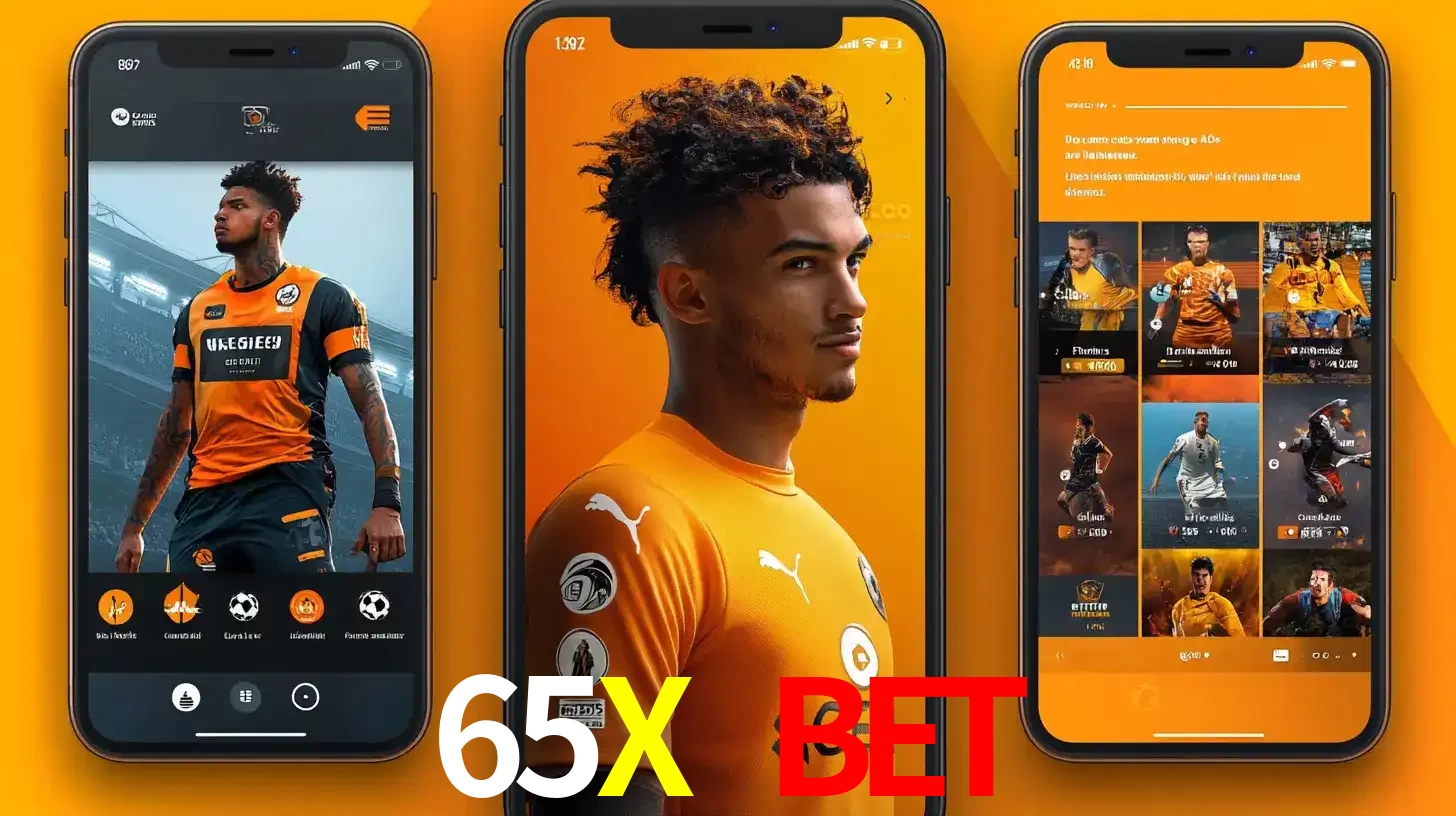 Interface do aplicativo de apostas esportivas 65X BET em três telas de celular, mostrando o perfil de um jogador de futebol e a lista de jogos disponíveis para apostar.