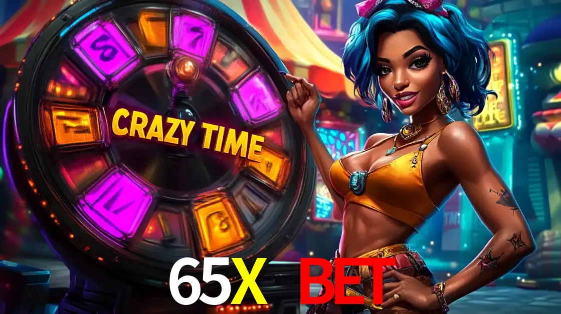 Mulher estilizada com cabelo azul e visual vibrante posando ao lado da roda de prêmios do game show Crazy Time, convidando para a diversão e os bônus do cassino 65X BET.