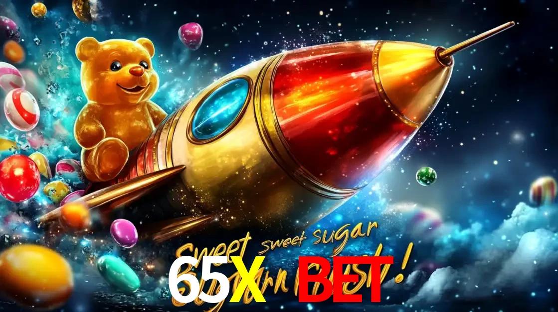 Arte promocional do jogo de slot Sugar Rush, com um urso de pelúcia em um foguete viajando pelo espaço de doces, um dos jogos divertidos disponíveis no cassino 65X BET.