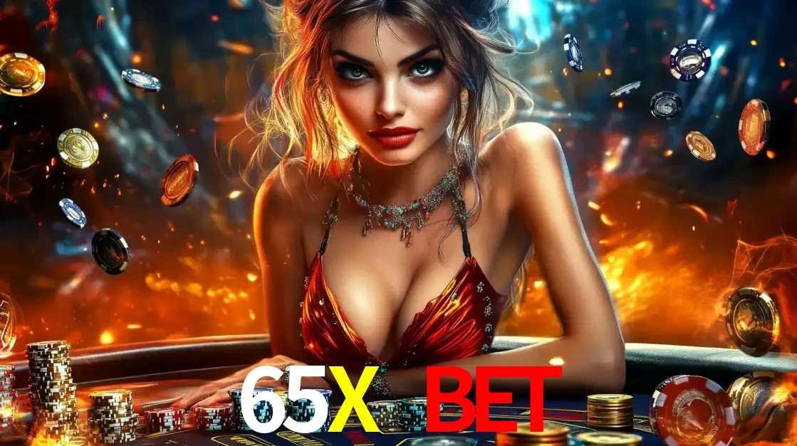 Mulher em uma mesa de cassino com pilhas de fichas e um fundo de fogo, pronta para uma rodada de altas apostas nos jogos de mesa emocionantes do cassino 65X BET.