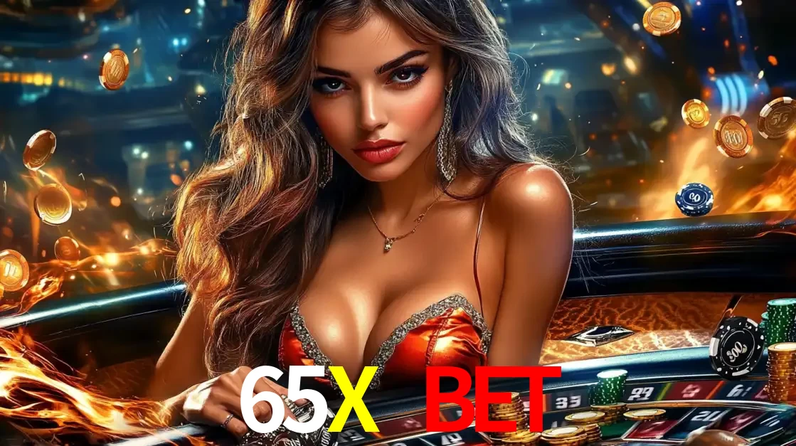 Mulher glamourosa em uma mesa de roleta com um fundo de chamas e moedas voadoras, pronta para fazer sua aposta e ganhar grandes prêmios no cassino ao vivo 65X BET.