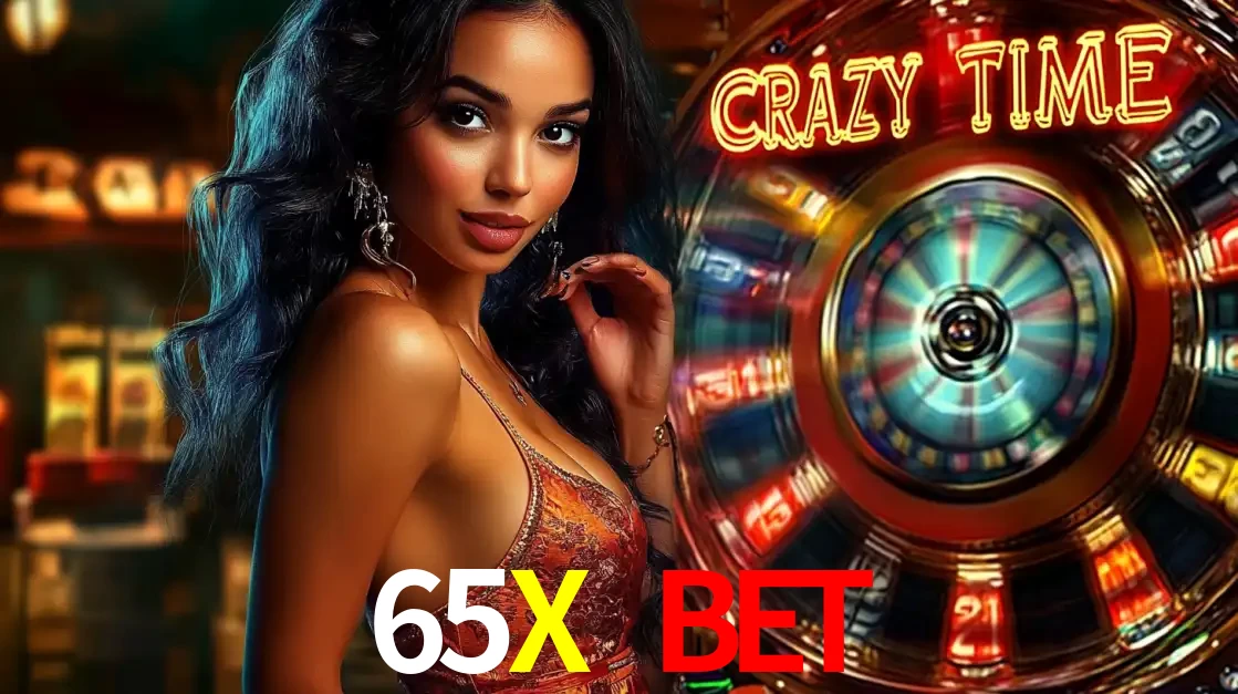 Mulher elegante ao lado da vibrante roda da fortuna do jogo de cassino ao vivo Crazy Time, um dos game shows mais populares e cheios de prêmios do 65X BET.