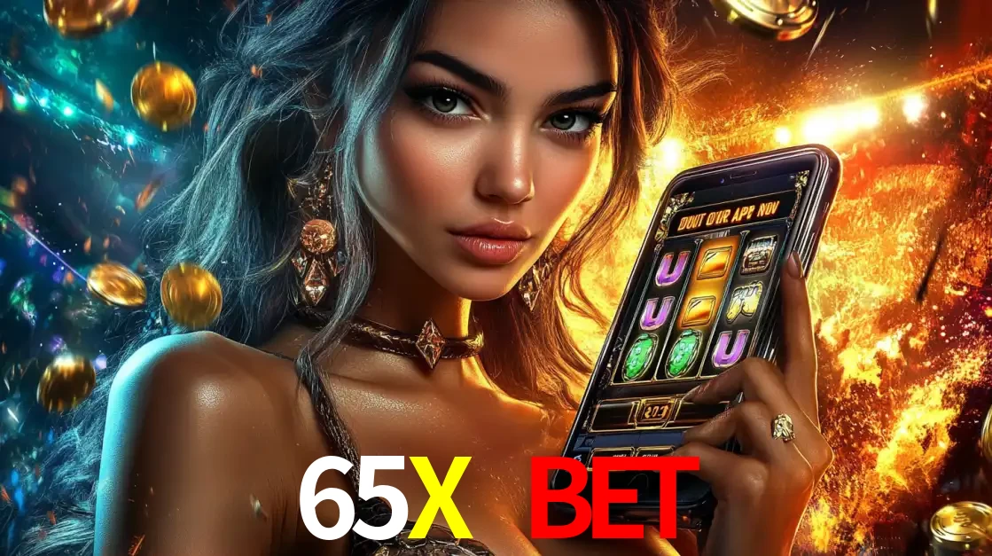 Mulher elegante mostrando um jogo de caça-níqueis em seu smartphone, destacando a experiência de cassino móvel oferecida pelo aplicativo 65X BET.