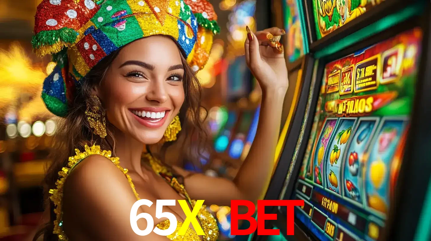 Mulher feliz com traje de carnaval amarelo e colorido ao lado de uma máquina de caça-níqueis, aproveitando a diversão e os jogos temáticos do cassino 65X BET.