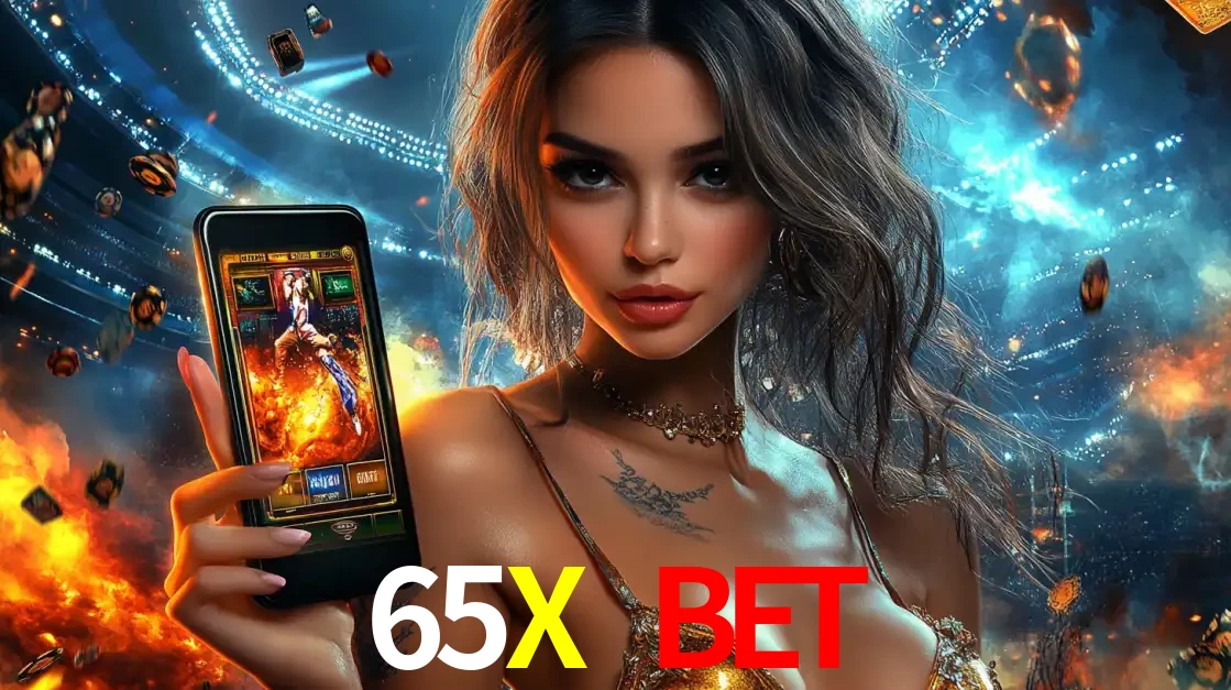 Mulher segurando um celular com um jogo de slot em destaque, tendo como fundo um estádio vibrante, simbolizando a emoção de jogar no cassino móvel 65X BET.